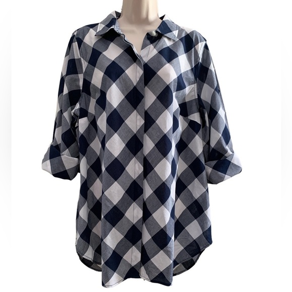 NWT Crown & Ivy Curvy Cotton Navy & White Checked Essential Shirt Size 0X - Picture 1 of 9